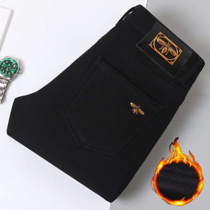 秋冬加绒加厚高端黑色牛仔裤男士修身小脚欧货潮流弹力轻奢裤子