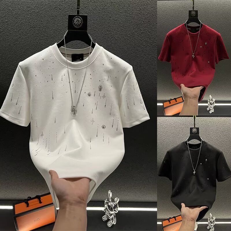轻奢2025春新款加厚男款上衣轻奢高定流星满钻重工半袖圆领钉钻t
