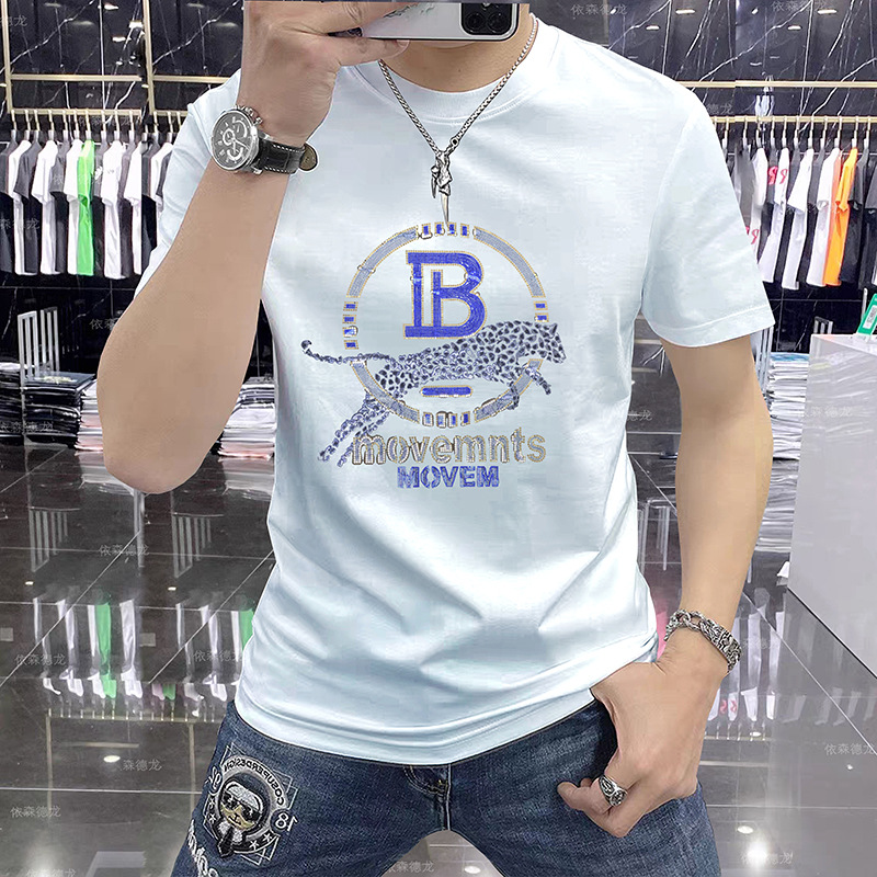 轻奢2025夏季新款实体男士短袖T恤圆领印花男上衣体恤烫钻